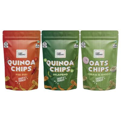 Chef Urbano Healthy Chips Piri Piri, Jalapeno and Cream & Onion combo 85 gms PACK OF 3 | Gluten Free | | Vegan | Low GI| Crunchy Healthy Snacks | High Protein and Fiber Rich | Good for Diet