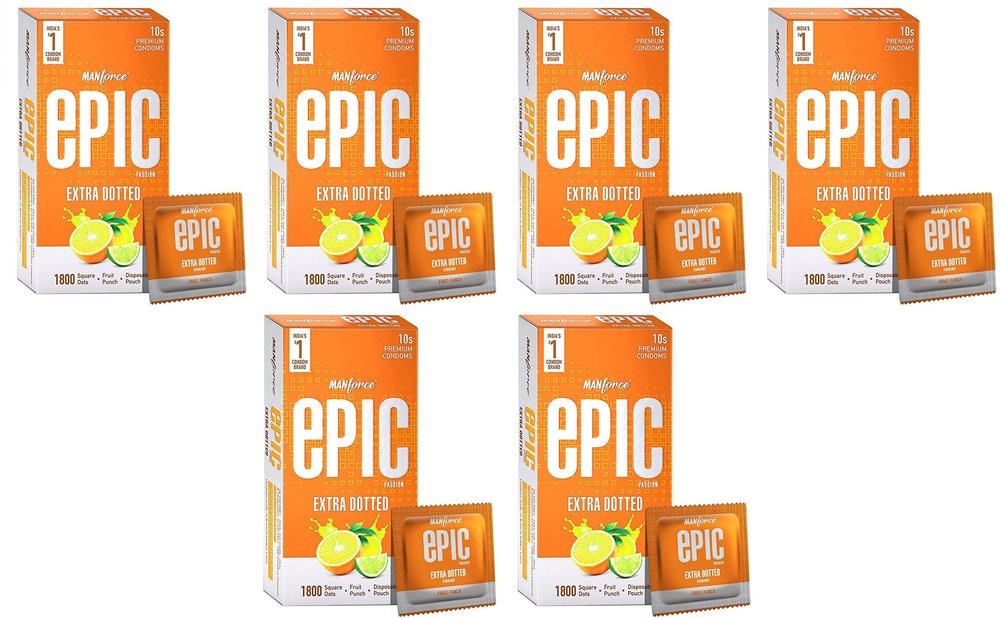 Manforce Epic Passion Extra Dotted Premium Condoms For Men, With 1800 Square Dots, Fruit Punch Flavour, Disposable Pouch (10 Counts), Orange x pack of 6