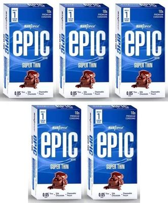 Manforce Epic Desire Super Thin Premium Condoms for Men, Silk Chocolate Flavour, Disposable Pouch (10 Counts) x pack of 5