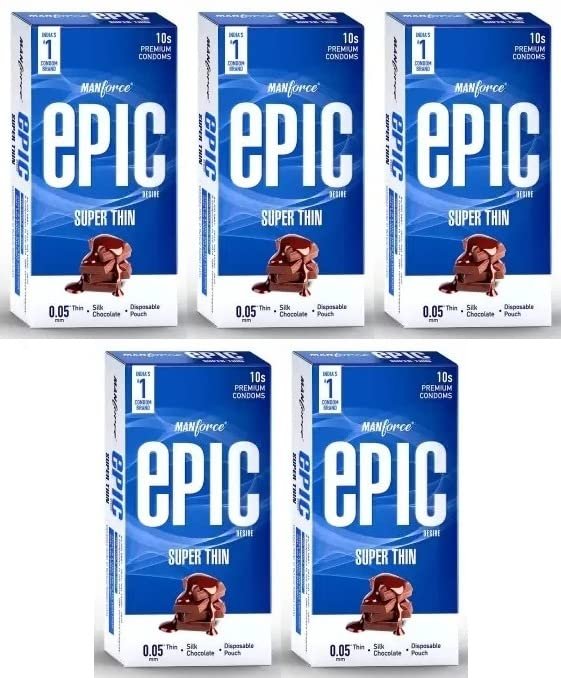 Manforce Epic Desire Super Thin Premium Condoms for Men, Silk Chocolate Flavour, Disposable Pouch (10 Counts) x pack of 5