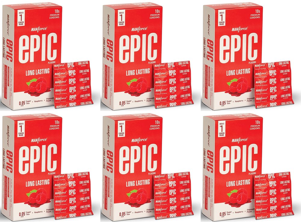 Manforce Epic Pleasure Long Lasting Premium Condoms for Men, Super Thin, Raspberry Flavour, Disposable Pouch (10 Counts) x pack of 6