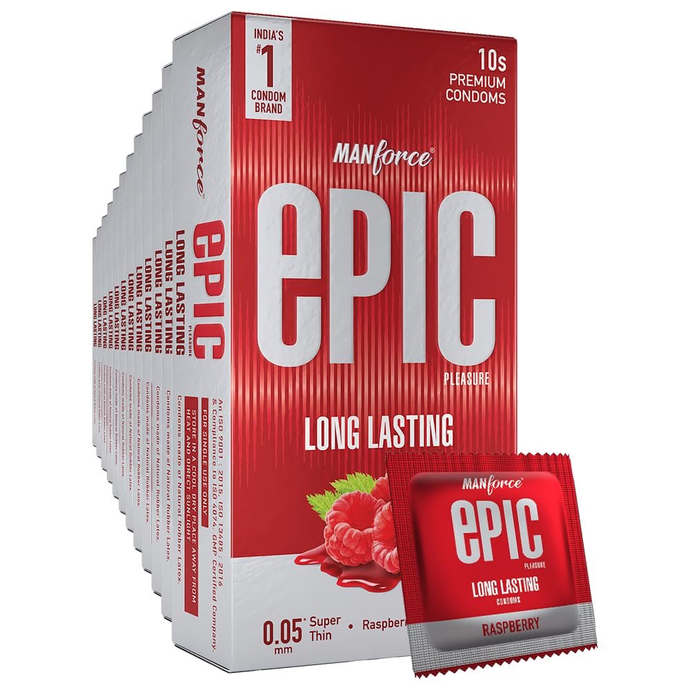 Manforce Epic Pleasure Long Lasting Premium Condoms for Men, Super Thin, Raspberry Flavour, Disposable Pouch (10 Counts) x pack of 12