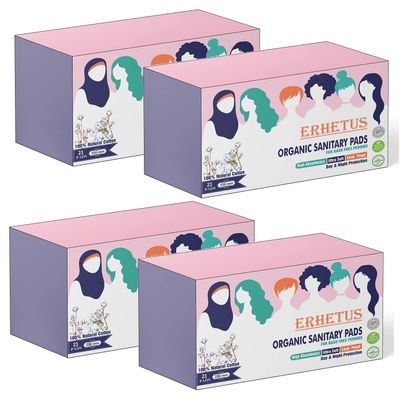 ERHETUS Biodegradable Bamboo Sanitary Pads for Women, Pure Organic Cotton Base Sanitary Napkins | Chemical & Fragrance Free, Soft, Ultra-thin, High Absorbent (92 Pad, 46 Regular XL + 46 Overnight XXL)