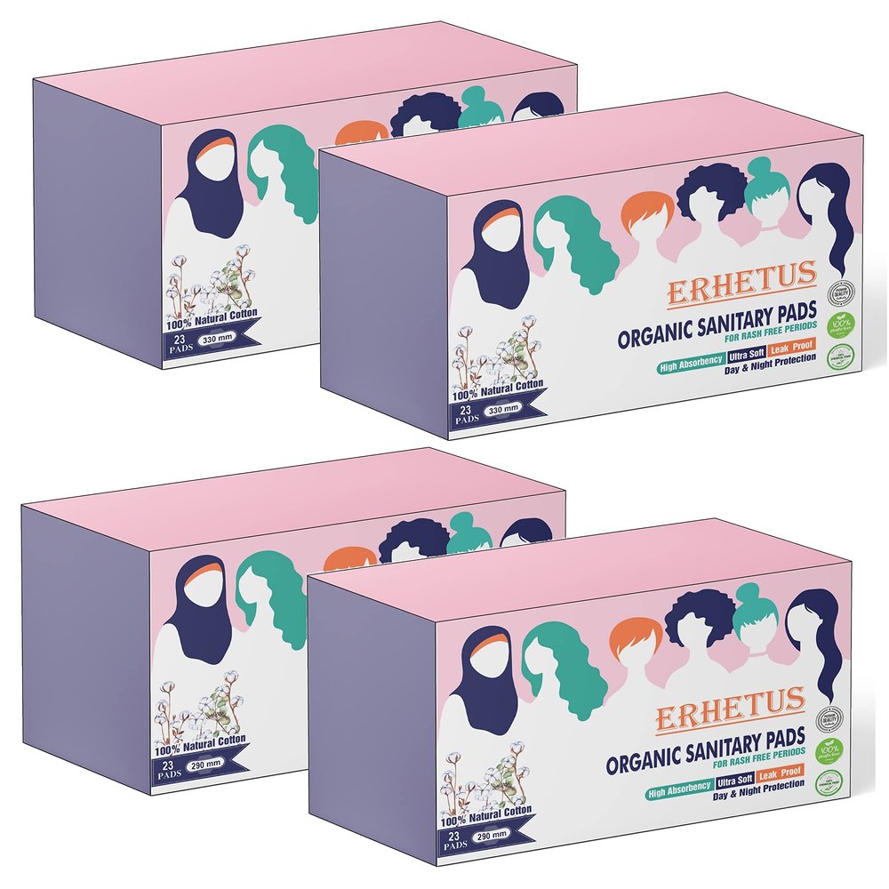 ERHETUS Biodegradable Bamboo Sanitary Pads for Women, Pure Organic Cotton Base Sanitary Napkins | Chemical & Fragrance Free, Soft, Ultra-thin, High Absorbent (92 Pad, 46 Regular XL + 46 Overnight XXL)