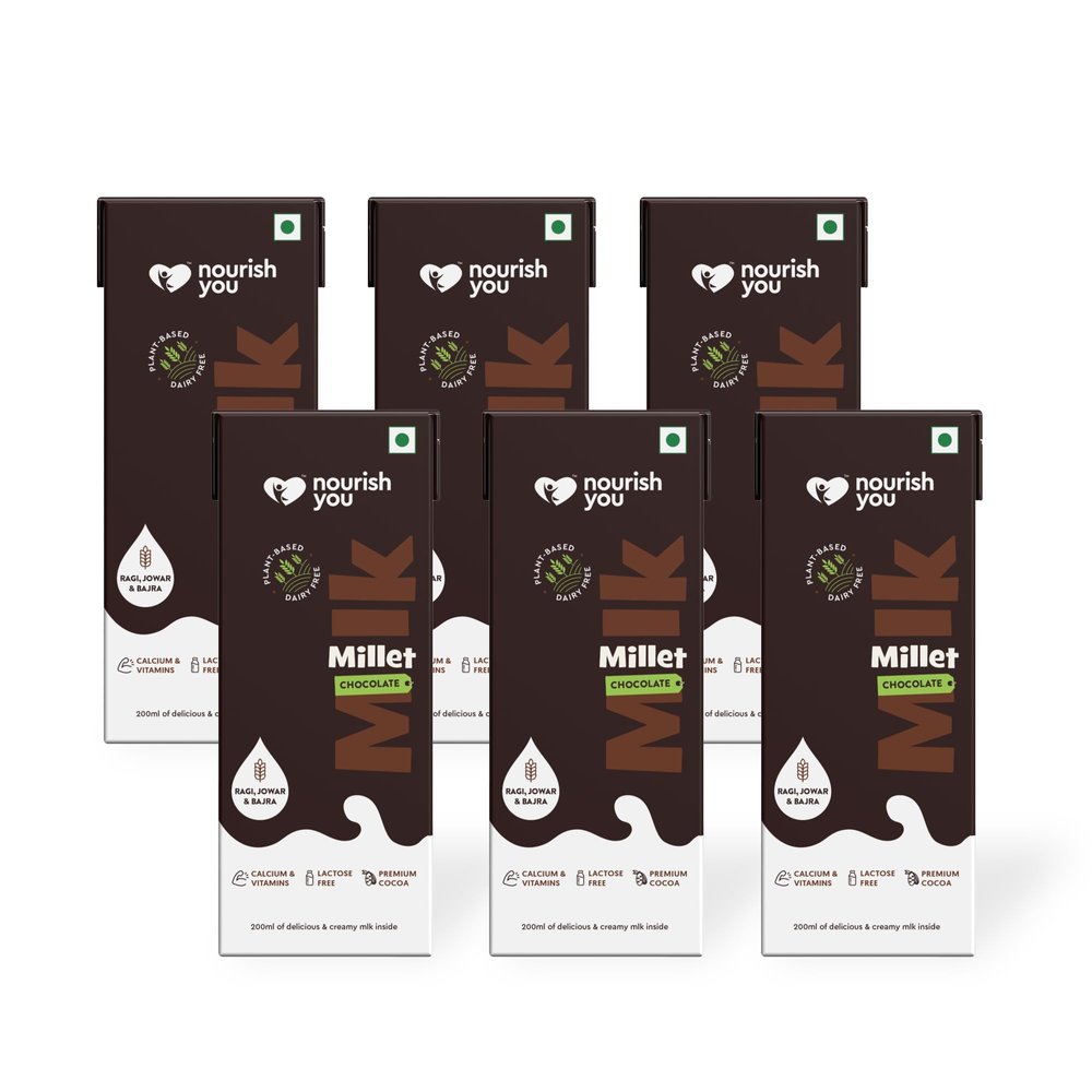 Nourish You Plant Based Millet Mlk with goodness of Ragi, Jowar, Bajra & Oats | Dairy Free | Preservatives free |Healthy Vegan Creamy Mlk Unsweetened| Chocolate Flavour Mlk |1.2L (200 ml each  6)