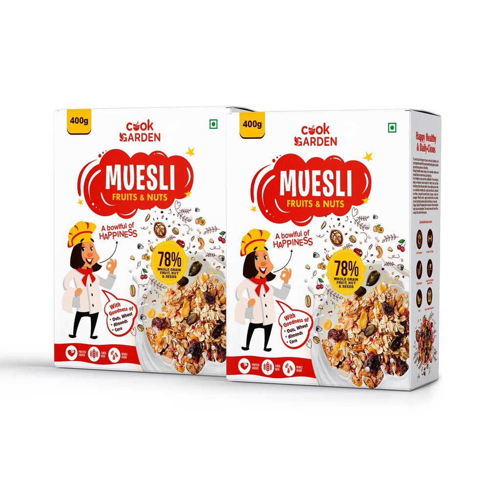 CookGarden Fruits & Nuts Muesli with Pumpkin seeds 400g*Pack of 2 | Whole grain, High Protein, High Fibre | No chemical, Omega rich | Wholegrain Breakfast