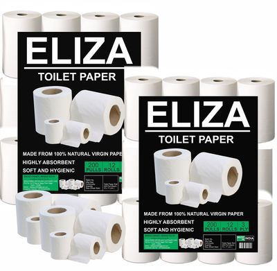 Eliza 3 Ply Toilet Paper Roll Pack of 12 (200 Pulls Per) Disposable (Toilet Paper/Toilet Roll/Tissue Roll) - 9.8 x 10 cm Pack of 12 Toilet Tissue Paper Rolls (12x 200) Pulls (2400)