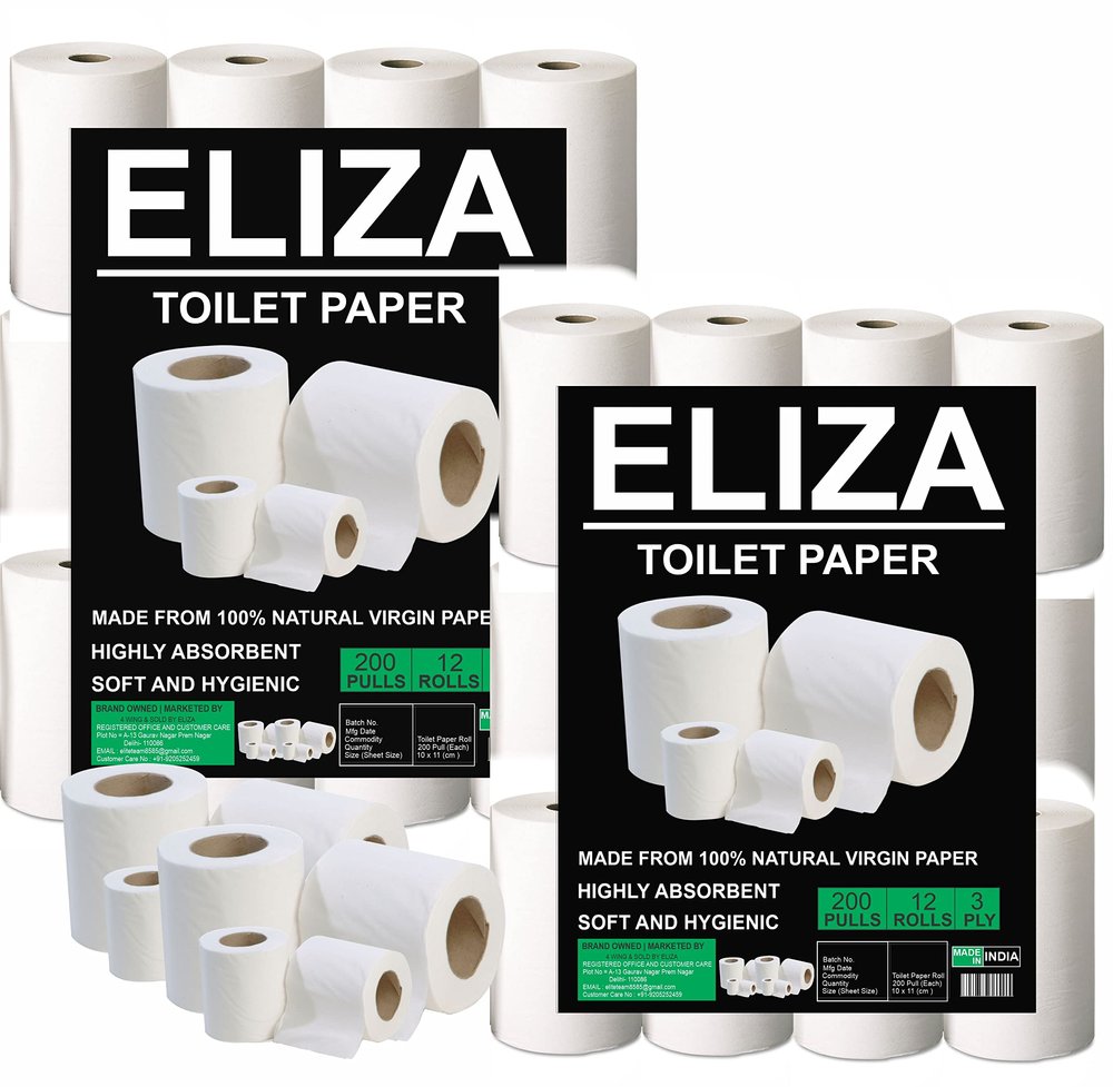 Eliza 3 Ply Toilet Paper Roll Pack of 12 (200 Pulls Per) Disposable (Toilet Paper/Toilet Roll/Tissue Roll) - 9.8 x 10 cm Pack of 12 Toilet Tissue Paper Rolls (12x 200) Pulls (2400)