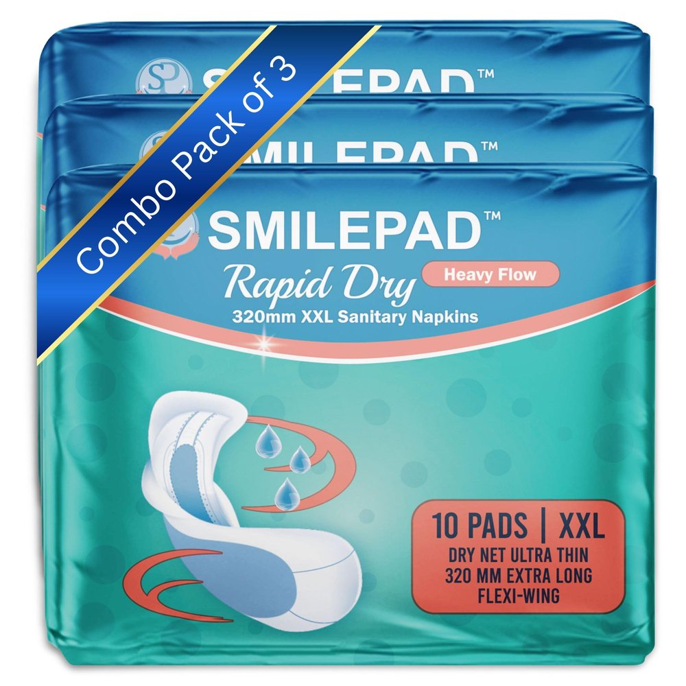 Smilepad Rapid Dry Sanitary Pads for Women - Dry Net Ultra Thin, XXL, Extra Long Flexi Wings, Pack of 3 (30 Napkins) - Best for Heavy Flow