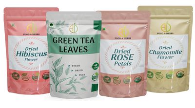A D Food & Herbs Combo of Green Tea Leaves & Rose/Hibiscus/Chamomile Dried Flowers - All Natural Flavour, Zero Calories (50 GMS x Pack of 4)
