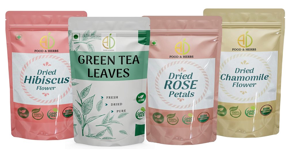 A D Food & Herbs Combo of Green Tea Leaves & Rose/Hibiscus/Chamomile Dried Flowers - All Natural Flavour, Zero Calories (50 GMS x Pack of 4)