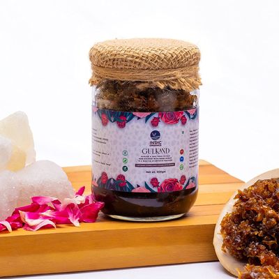 Indic Organics Gulkand of Desi & Damask Rose Petals Sun-Cooked with Rock Sugar in Ayurvedic Process for 6 Months | Infused with Western Ghats Raw Honey | Pitta Pacifier | Internal Body Coolant (Honey Infused, 600 Grams)