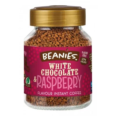 BEANIES Flavoured Instant Coffee White Chocolate & Raspberry Hot & Cold Coffee Makes 25 Cups 100% Arabica Light Roasted Coffee Sugar Free 50g. Bottle (White Chocolate & Raspberry)