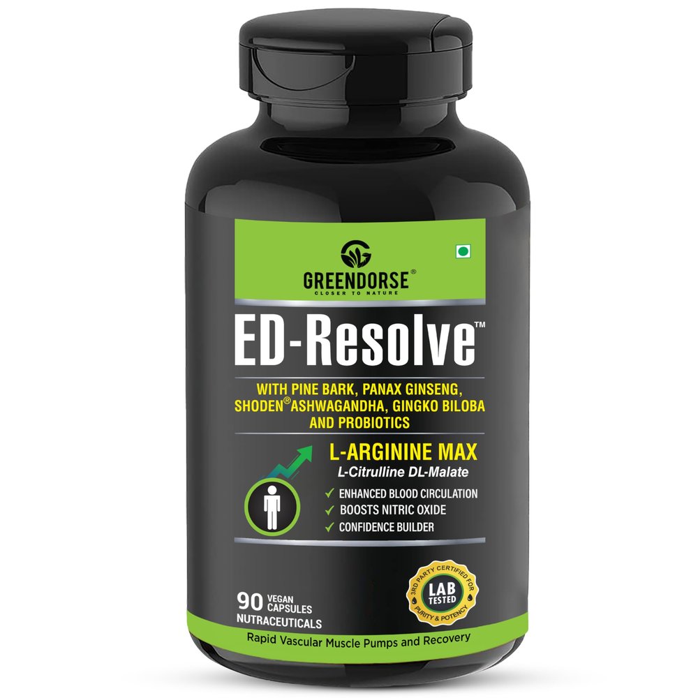 GREENDORSE EDSolve L Arginine L Citulline Nitric Oxide Capsule for Men|With Pine Bark Extract,Ginsneg,Gingko Biloba,Probiotic|Prework out,Enhanced blood circulation,Performance Builder-90 Veg Capsule