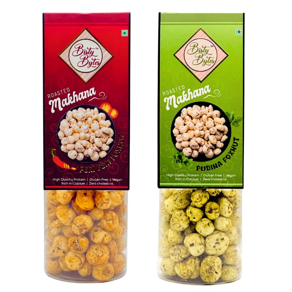 Bisty Bytes Roasted Makhana Combo | Peri Peri + Pudina | Pack of 2 (80gm Each) | Roasted Not Fried
