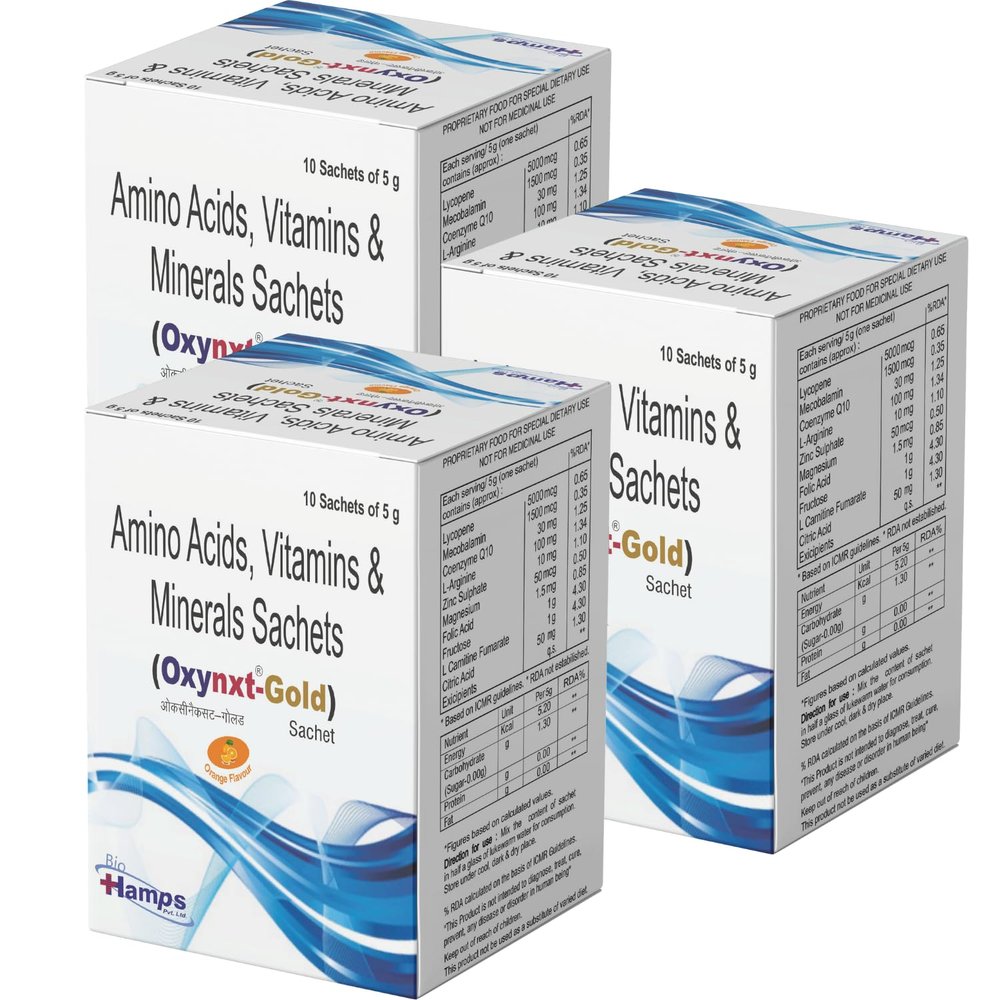 Hamps Bio OXYNXT Gold Sachet | Lycopene | Mecobalamin | Co-enzyme Q10 | L-Arginine | Multi Mineral Multi Vitamin Anti oxidant Box-1 (10 Sachet) (Sachet 5 gm Each)