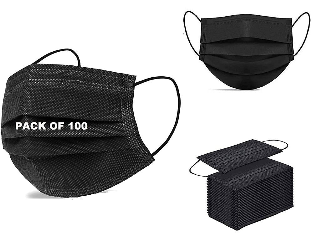 Arctic Enterprises Fabric 3 Ply Disposable Surgical Face Mask Protective Layer for Men and Women | Use and Throw Face Masks (, Pack of 100, Without Valve) (Black)
