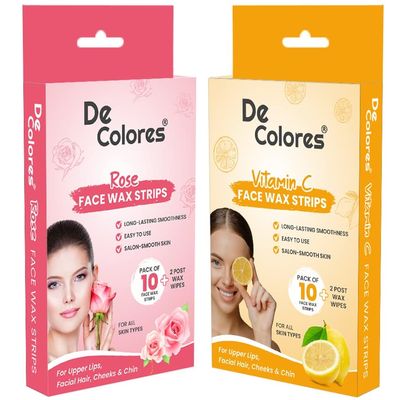 DE COLORES Facial Wax Strips For Women - 2X10 Strips - Upper Lips, Chin, Fingers & Toes" - 2 Count