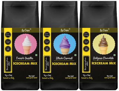 La Casa Icecream Premix - Vanilla+Chocolate+Black Currant | Combo Pack of 3 | Extra Creamy & Strong Flavor | 3x250g |