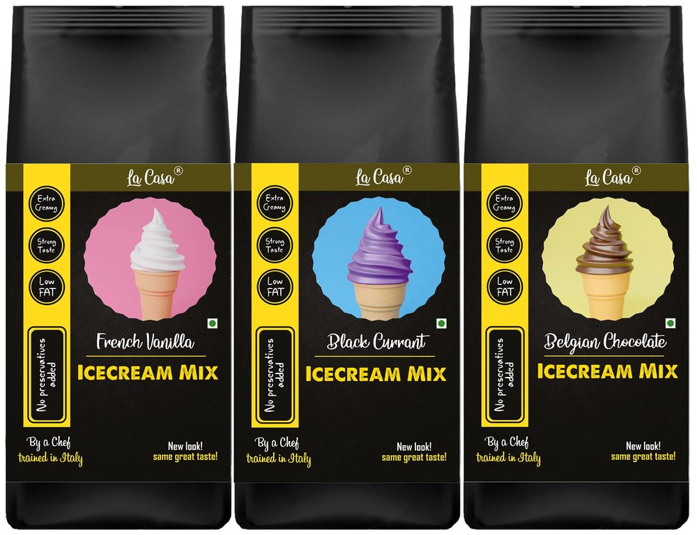 La Casa Icecream Premix - Vanilla+Chocolate+Black Currant | Combo Pack of 3 | Extra Creamy & Strong Flavor | 3x250g |