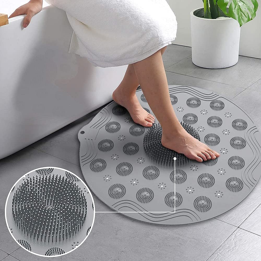 Shower Mat Non-Slip Round Bathroom Mat with Strong Rubber Suction Cups and Drain Holes PVC Washable Shower Massage Foot Pad for Kids, Adults, Elderly, Bathroom