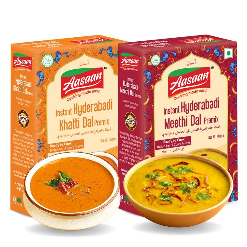 Aasaan Premix-Hyderabadi Instant Dal Mix Combo|Cook Authentic Khatti And Meethi Dal In Minutes|Easy-To-Cook, Fresh And Delicious,2 Count