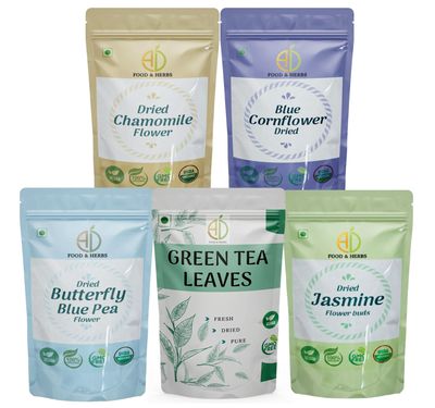 A D Food & Herbs Combo of Green Tea Leaves & Jasmine/Butterfly Pea/Blue Corn/Chamomile Dried Flowers - All Natural Flavour, Zero Calories (250 GMS X Pack of 5)