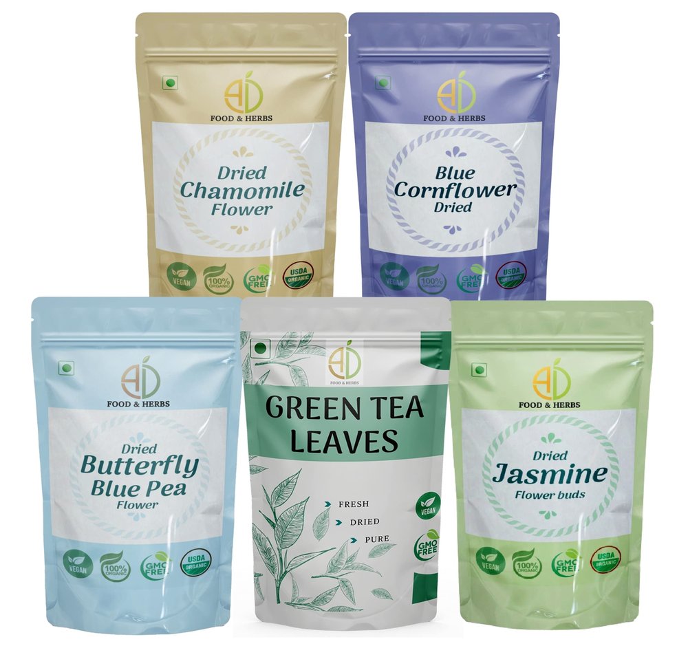 A D Food & Herbs Combo of Green Tea Leaves & Jasmine/Butterfly Pea/Blue Corn/Chamomile Dried Flowers - All Natural Flavour, Zero Calories (250 GMS X Pack of 5)