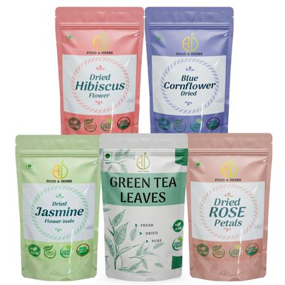 A D Food & Herbs Combo of Green Tea Leaves & Jasmine/Rose/Hibiscus/Blue Corn Dried Flowers - All Natural Flavour, Zero Calories (50 GMS x Pack of 5)