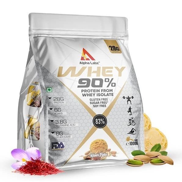 Alpha Labz 90% Whey Protein Isolate | 28g Protein, 6g BCAA, 6g EAA, 3.8g Glutamine | Whey Protein Powder - Post Workout Whey Protein Isolate | Fast-Absorbing Workout Supplements for Fast Recovery & Lean Muscle | Men and Women [Kesar Pista, 1Kg]