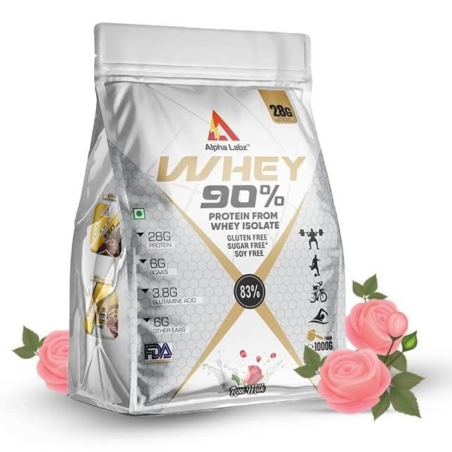 Alpha Labz 90% Whey Protein Isolate | 28g Protein, 6g BCAA, 6g EAA, 3.8g Glutamine | Whey Protein Powder - Post Workout Whey Protein Isolate | Fast-Absorbing Workout Supplements for Fast Recovery & Lean Muscle | Men and Women [Rose Milk, 1Kg]