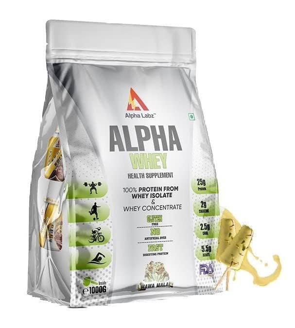 Alpha Labz 90% Whey Protein Isolate | 28g Protein, 6g BCAA, 6g EAA, 3.8g Glutamine | Whey Protein Powder - Post Workout Whey Protein Isolate | Fast-Absorbing Workout Supplements for Fast Recovery & Lean Muscle | Men and Women [Mawa Malai, 1Kg]