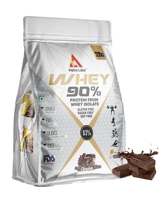 Alpha Labz 90% Whey Protein Isolate | 28g Protein, 6g BCAA, 6g EAA, 3.8g Glutamine | Whey Protein Powder - Post Workout Whey Protein Isolate | Fast-Absorbing Workout Supplements for Fast Recovery & Lean Muscle | Men and Women [Chocolate, 1Kg]