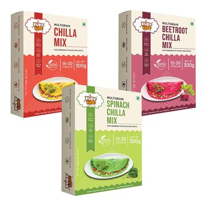 BURPEASE Combo Pack of Plain Chilla , Beetroot Chilla and Spinach Chilla Mix ,Protein & Fiber-Rich Breakfast for Kids and Families-300 G (Pack of 3, Beetroot, Plain & Spinach)