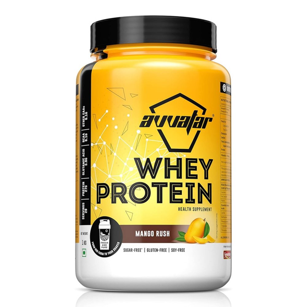avvatar WHEY PROTEIN | 1Kg | Mango Rush Flavour | 27g Protein | 29 Servings | Isolate & Concentrate Blend