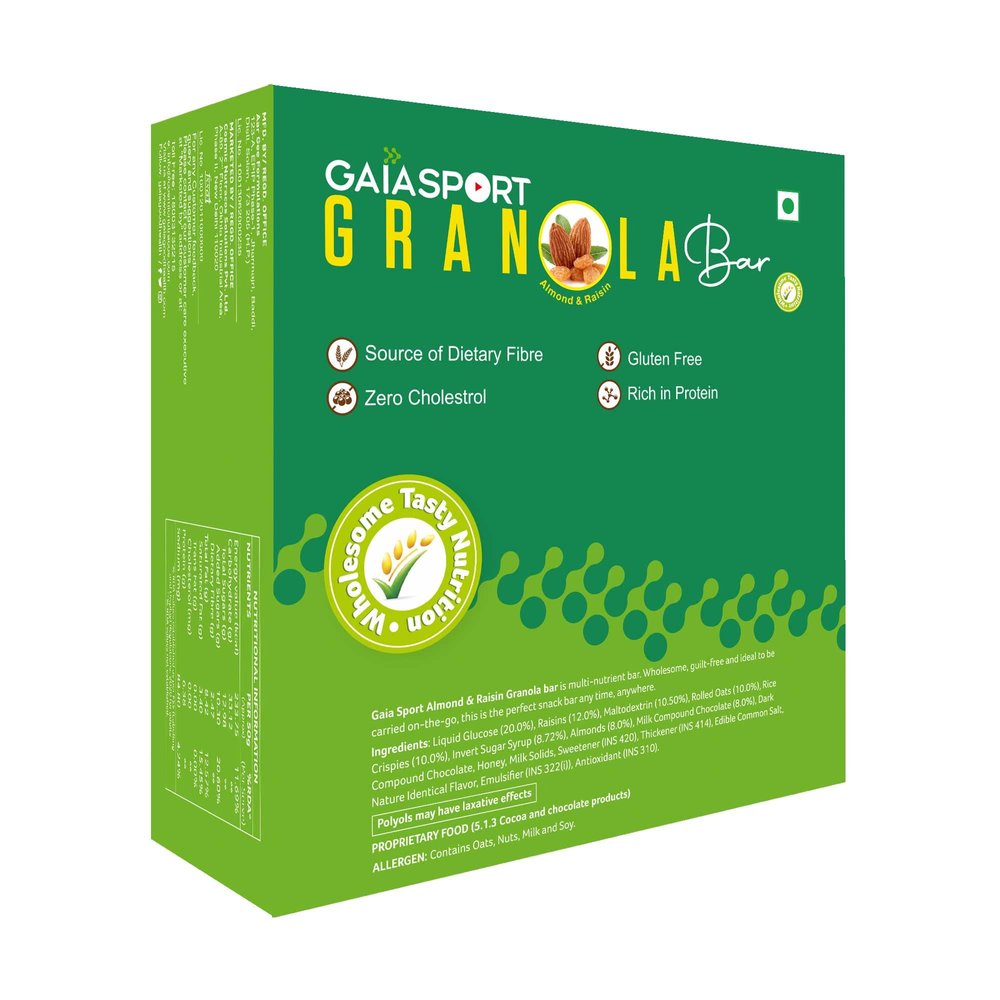 Gaia Granola Bar  Almond & Raisin | Nutritious Energy Snack Bar | Rich in Fiber & Protein | Made with Rolled Oats, Nuts & Dried Fruits | Ideal for Travel, Office & Workout | No Trans Fat | 100% Vegetarian (Pack of 12)