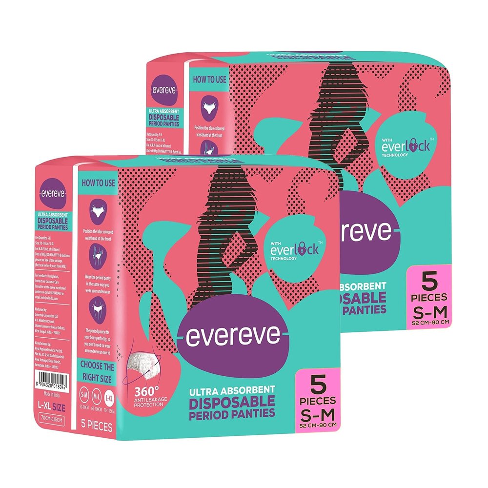 Evereve Ultra Absorbent, Heavy Flow Disposable Period Panties for Sanitary 360 Degree Protection Size - S-M (Pack Of 2) 5 Pcs in Each Pack.