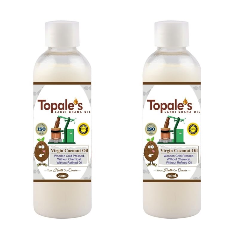 Topale's Virgin Coconut Oil 200 ML | Raw, Edible Cold Pressed, Unrefined, No Trans Fat, Naturally Cholesterol Free | For Cooking, Hair, Skin & Baby Care, Oil Pulling | Wood Pressed Natural Coconut Oil (Pack of 2)