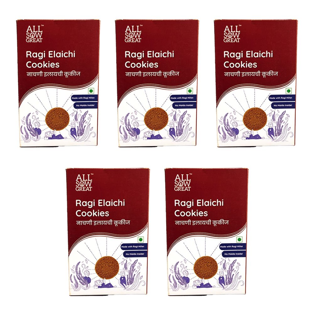 ALL SOW GREAT Ragi Elaichi Cookies 200gm | No Maida Inside | Made With Ragi Millet | Delicious & Wholesome Snack -200gm (Pack of 5)