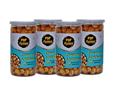 Popfusion Roasted & Flavoured Gourmet Makhana/Fox Nuts - Creamy Cheese & Herbs, Gluten Free Snacks with Airtight Glass Jar - Pack of 4 (70G Each)