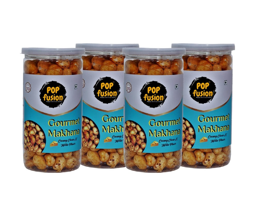 Popfusion Roasted & Flavoured Gourmet Makhana/Fox Nuts - Creamy Cheese & Herbs, Gluten Free Snacks with Airtight Glass Jar - Pack of 4 (70G Each)