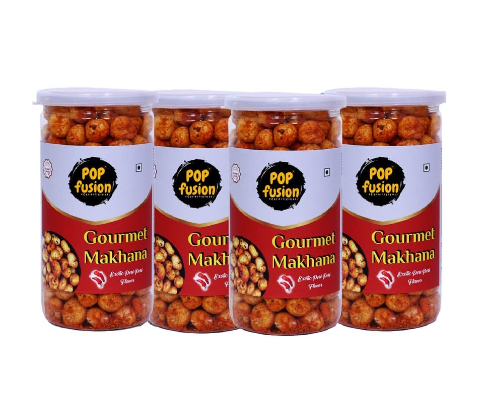 Popfusion Flavoured and Roasted Gourmet Makhana/Fox Nuts- Exotic Peri Peri,Low Fat Snacks with Airtight Glass Jar - Pack of 4 (70gms Each) (Pack of 4)