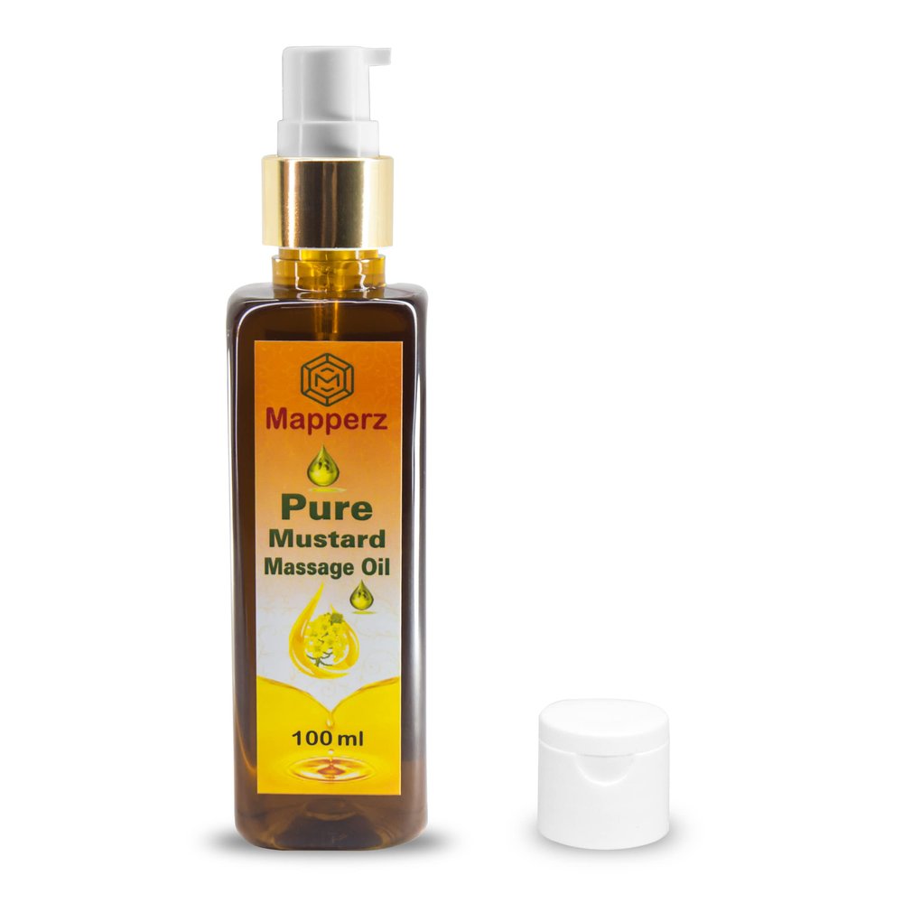 MAPPERZ Body Massage Oil, Pure Cold Pressed Unrefined Yellow Mustard Body Massage Oil, Sarso Ka Tel, Goodness of Omega 3 & 6, With Resuable Bottle, 1 Flip Top Cap, 1 Pump Liquid Dispenser, 100ml
