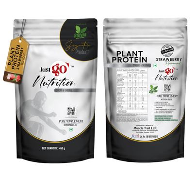 JUST GO NUTRITION Plant Protein Supplement Powder(15 servings)|Plant Pea Protein with Digestive Enzymes|Vegan Protein|Natural Sweetener Stevia|25g protein|450g (Strawberry)(IMPORTED INGREDIENTS)