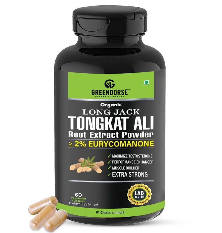 GREENDORSE Organic Tongkat Ali Extract Capsules | 2% Eurycomanone by HPTLC | Enhanced T level, Stamina and Stress tolerance, Veg Capsules-60