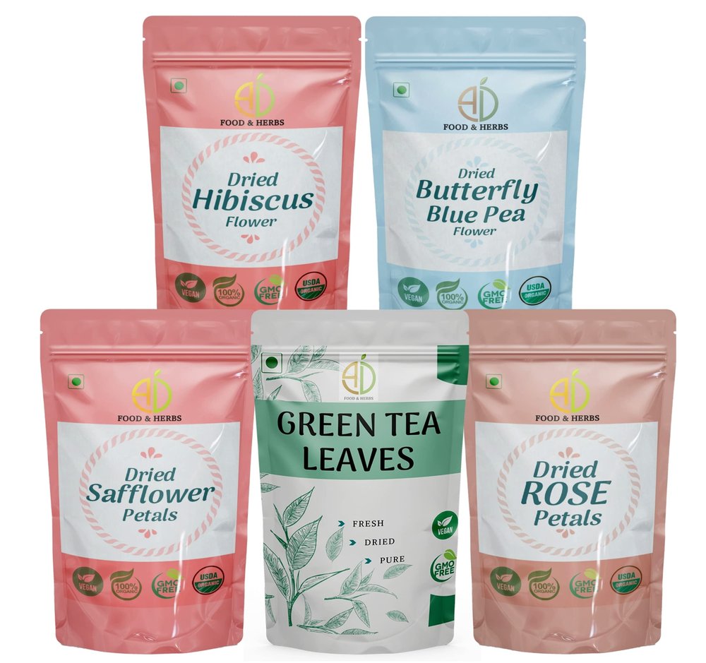 A D Food & Herbs Combo of Green Tea Leaves & Safflower/Butterfly Pea Flower/Rose/Hibiscus- All Natural Flavour, Zero Calories (250 GMS x pack of 5)