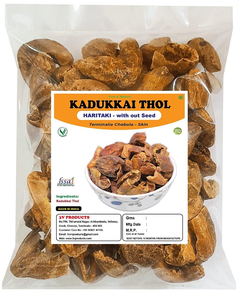 3V PRODUCTS Seedless - Kadukkai 100g | Kadukkai Thol | Haritaki - removed seed | Terminalia Chebula - without Seeds