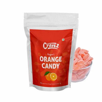 Cravez Orange Candy Narangi Santra Goli - 500G Popping Candies (Approx 130 Piece) | Nagpur's Special Orange Fruit Toffee | No Preservative | No Harmful Flavour | Nostalgic Candy For All Age |Premium Zipper Pouch