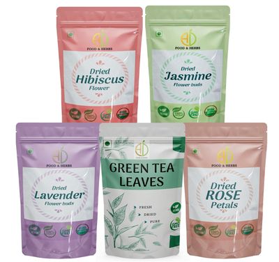 A D Food & Herbs Combo of Green Tea Leaves & Jasmine/Lavender/Rose/Hibiscus- All Natural Flavour, Zero Calories (250 GMS x pack of 5)