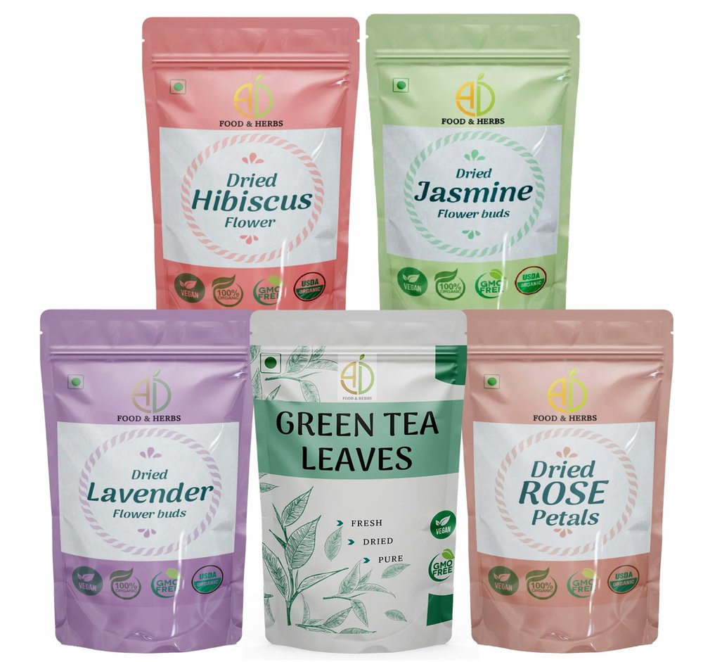 A D Food & Herbs Combo of Green Tea Leaves & Jasmine/Lavender/Rose/Hibiscus- All Natural Flavour, Zero Calories (250 GMS x pack of 5)